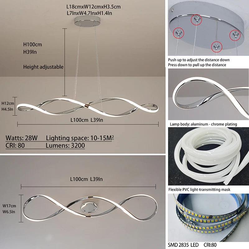 Gold/Chrome ceiling pendant lights,Dimmable Modern LED Pendant Chandelier for Restaurant Kitchen Island Lighting Fixture,L100cm