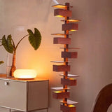 Taliesin Architectural Wooden LED Floor Lamp - Nordic Designer Stacked Column Standing Light Fixture for Living Room, Bedroom, Hotels & Villa Decor