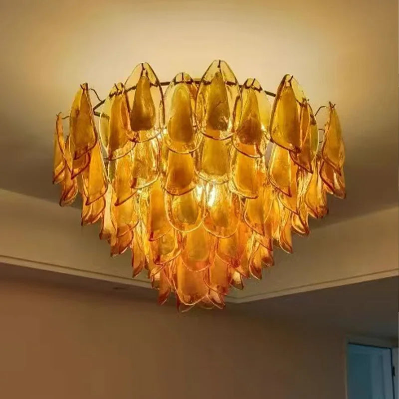 Designer Petal Shape Amber Glass Chandelier Dimmable Stainless Steel Pendant Light for Living Dining Room Led Lights
