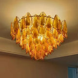 Designer Petal Shape Amber Glass Chandelier Dimmable Stainless Steel Pendant Light for Living Dining Room Led Lights