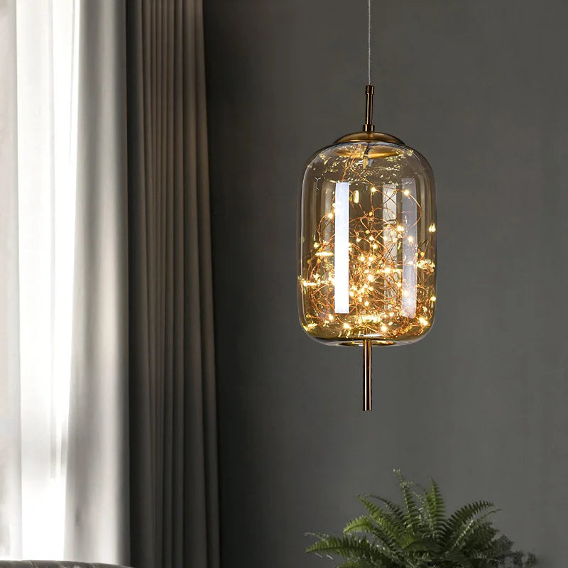 Nordic Net Red Bedside Chandelier Girl Light Luxury Long Line Personality Art Full Of Stars Hotel Bar Glass Small Chandelier