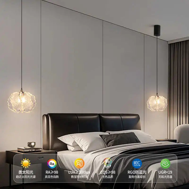 Nordic French Cream-Style Long Line LED Pendant Light - Acrylic Flower Chandelier Lamp for Bedroom Bedside, Dining Room & Living Room
