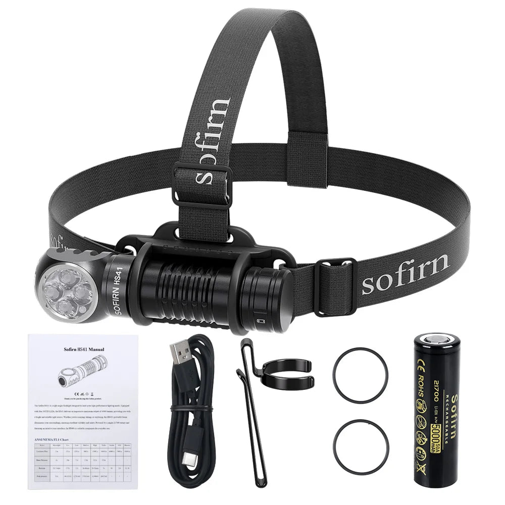 HS41 4000lm Quad-LED Headlamp (4x SST20, 21700 Battery) - USB-C Rechargeable Right-Angle Flashlight with Battery Indicator & Magnetic Tailcap