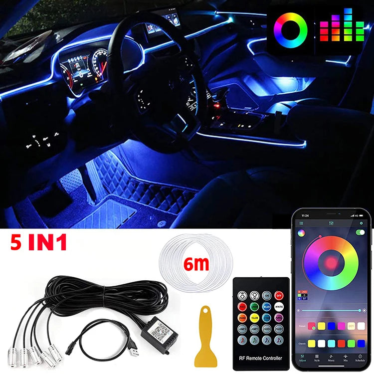 Fiber Optic LED Car Ambient Lighting - RGB Neon Interior Atmosphere Kit