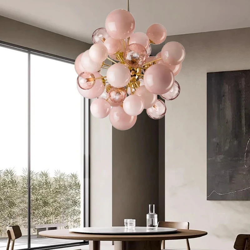 Modern Pink Glass Bubble Ball Pendant Chandelier Light - Decorative Globe Hanging Ceiling Light Fixture for Living Room, Dining Room & Bedroom