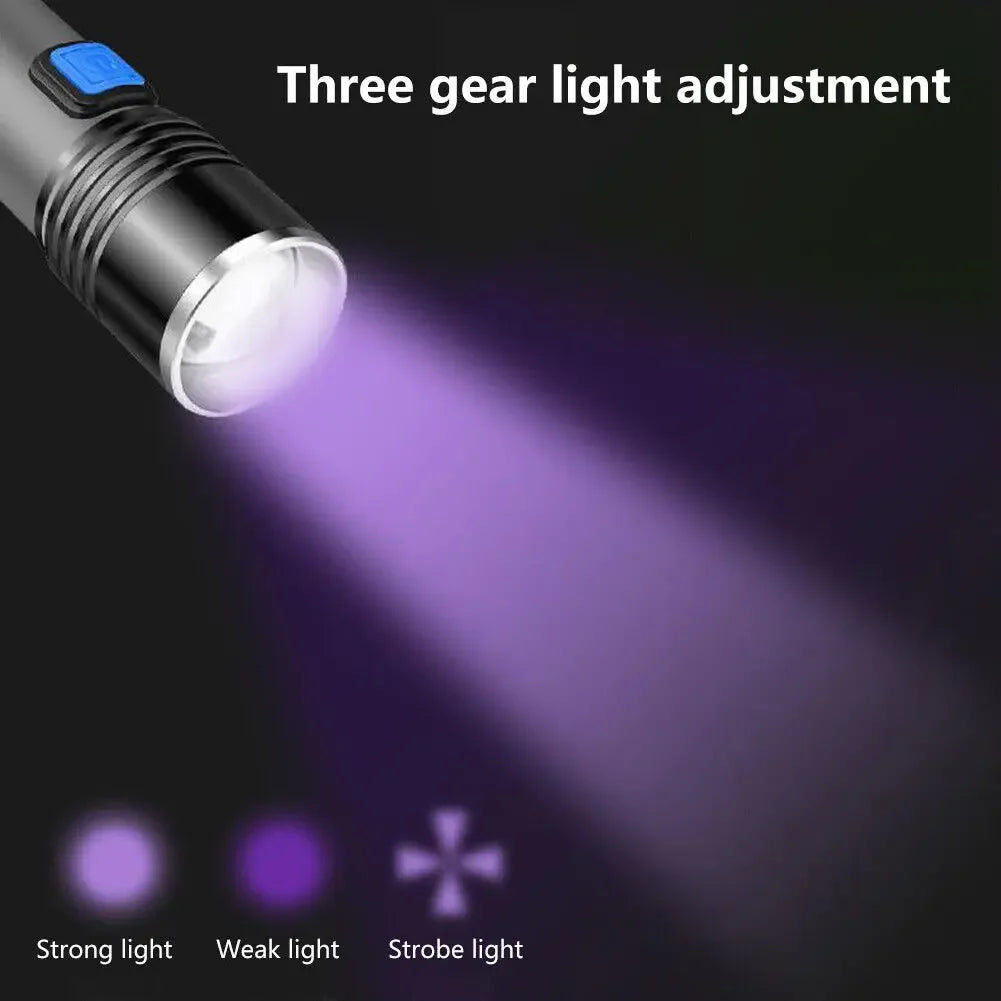 395NM UV Flashlight Rechargeable Ultraviolet Torch Pet Urine Scorpion Detector UV Lamp Anti-counterfeiting Bill Seal Detector