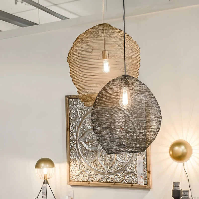 Wabi Sabi Style Pendant Lamp Hotel Restaurant Homestay Living Room Bedroom Bedside Lamp Wire Mesh Artistic Creative Lighting