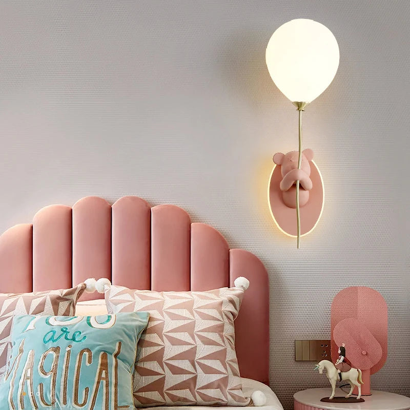 Pink Balloon Bear Wall Lamps Cute Children's Room Lamp Modern Warm Princess Room Nursery Girl Boy Bedroom Bedside Wall Lights