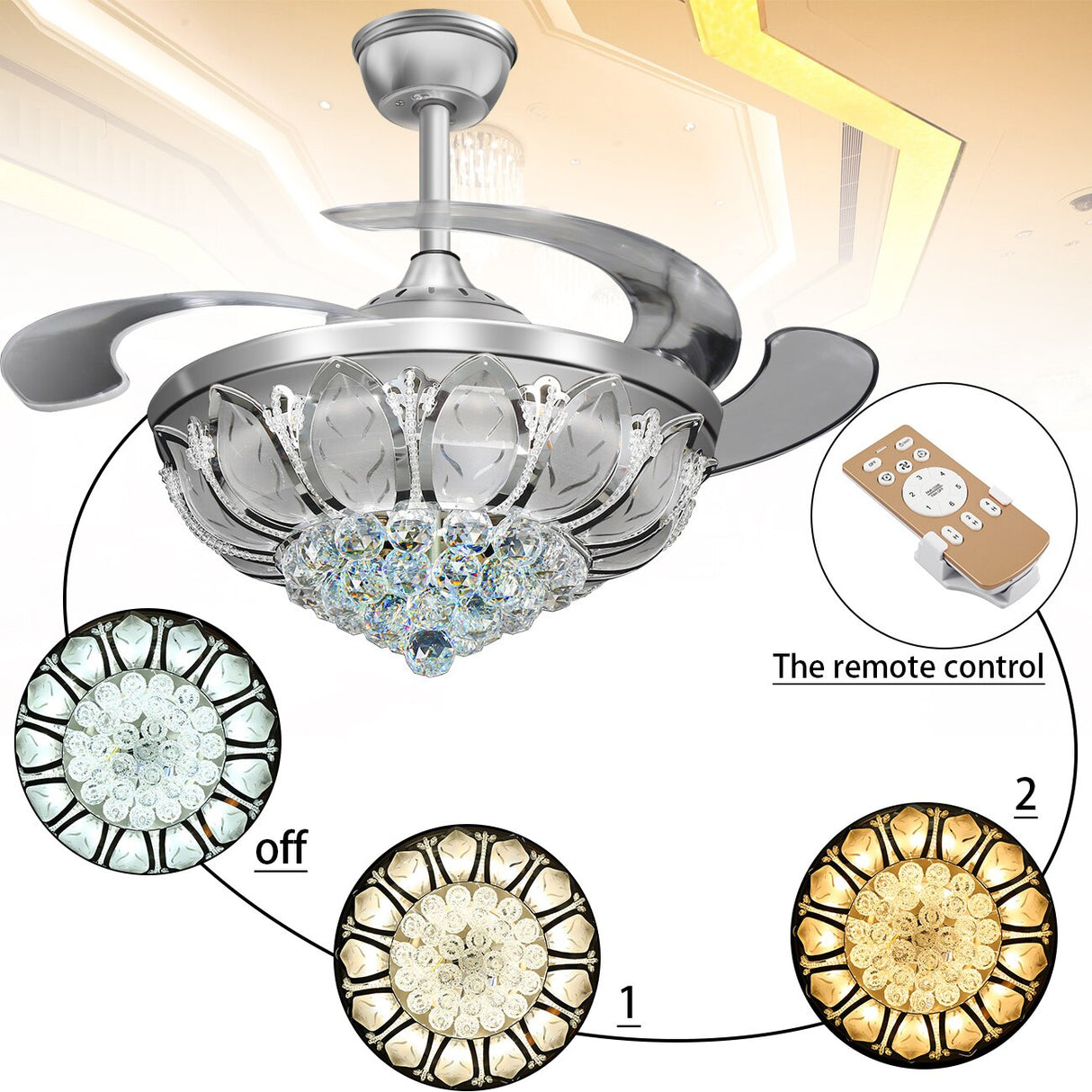 Chandelier Lamp Ceiling Fan 4-Blade Retractable With Crystal LED Light Remote Color Changeable For Living Room Bedroom