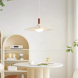 French Cream Style Pendant Light, Walnut Finish UFO Chandelier, Minimalist Retro Lamp for Dining Room, Bedroom, Cafe Bar Decor