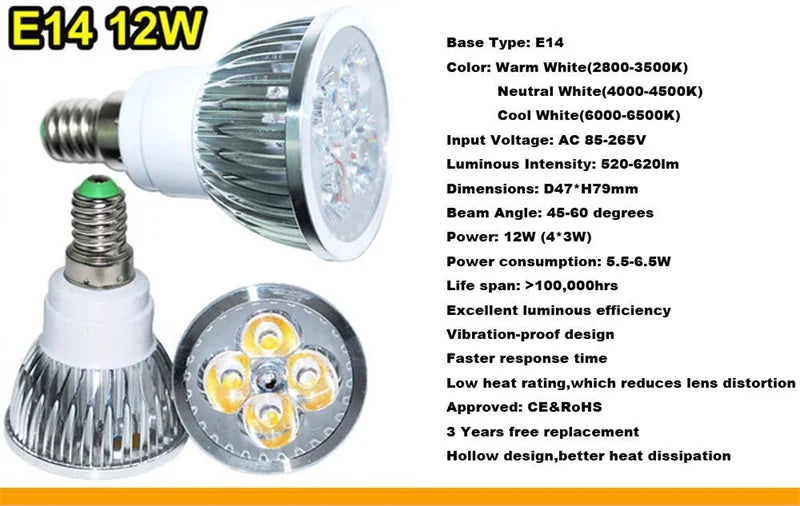 High Brightness LED Spotlight Bulb - E27 E14 GU10 MR16 Base (9W 12W 15W)