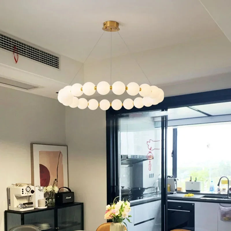 Nordic Modern Minimalist Luxury LED Chandelier Cream Pearl Circle Pendant Light Home Room Decoration for Living Dinning Bar Lamp