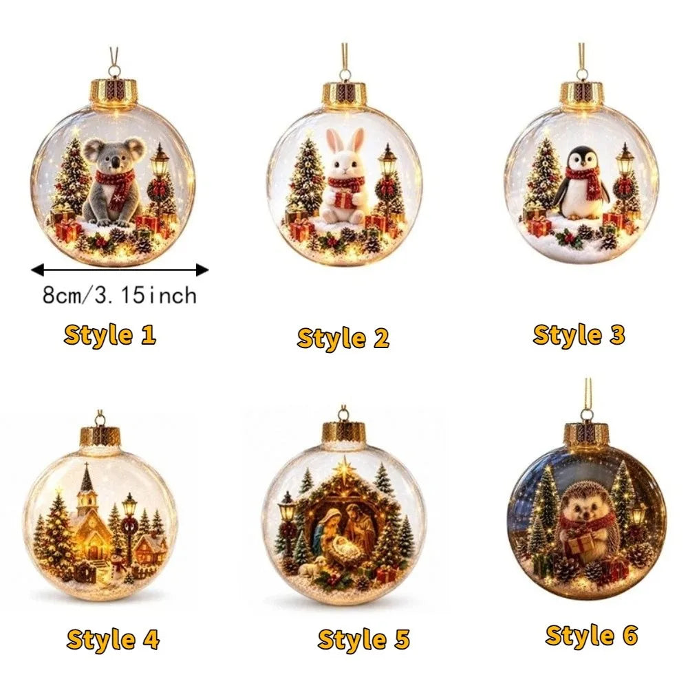 Acrylic Light-Up Christmas Ball Ornament Penguin Snowman Christmas Bauble Ornament Animal Pattern Transparent