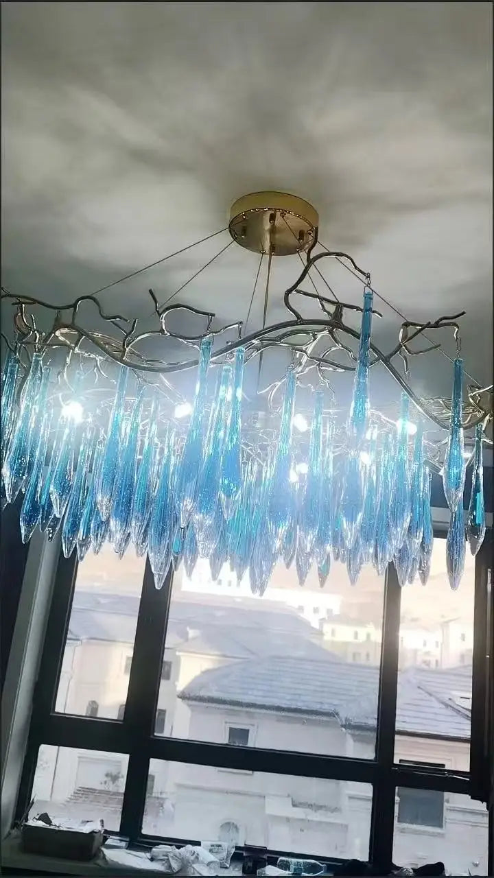 Luxury Classic Blue Crystal LED Chandelier Modern Glossy Ceiling Pendant Light Living Room Bedroom Elegant Home Decor Lighting