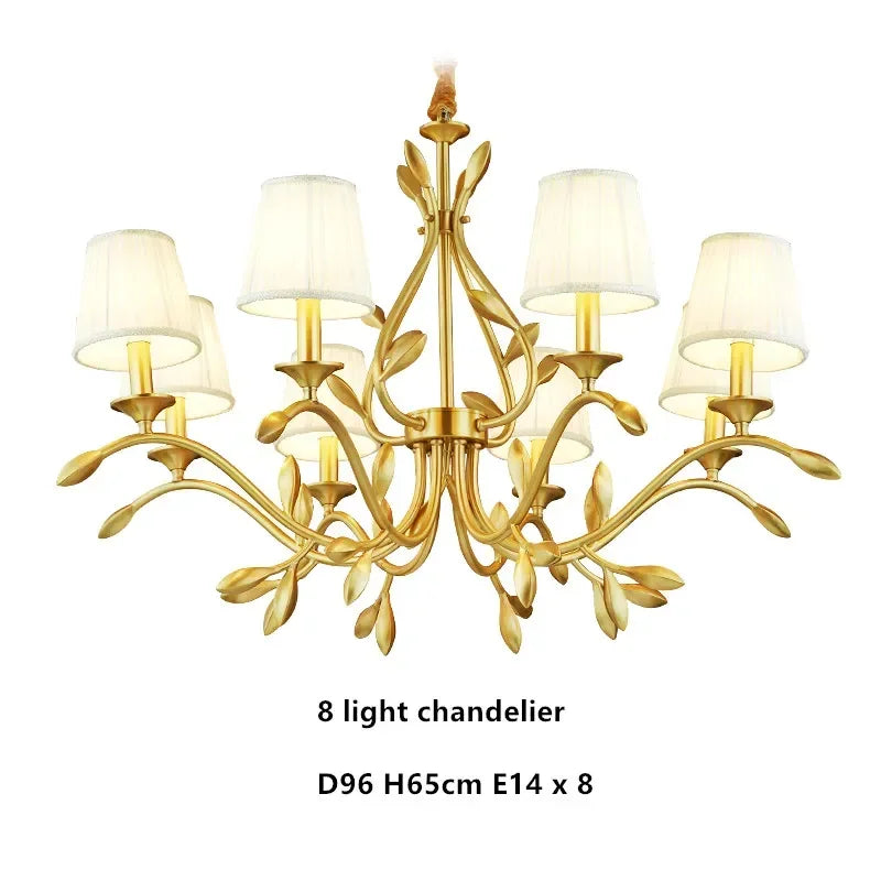 American Retro Luxury Gold Copper Chandeliers Living Dining Bedroom Pendant Lights Fabric Shades Flower Deco Led Lighting Lamps