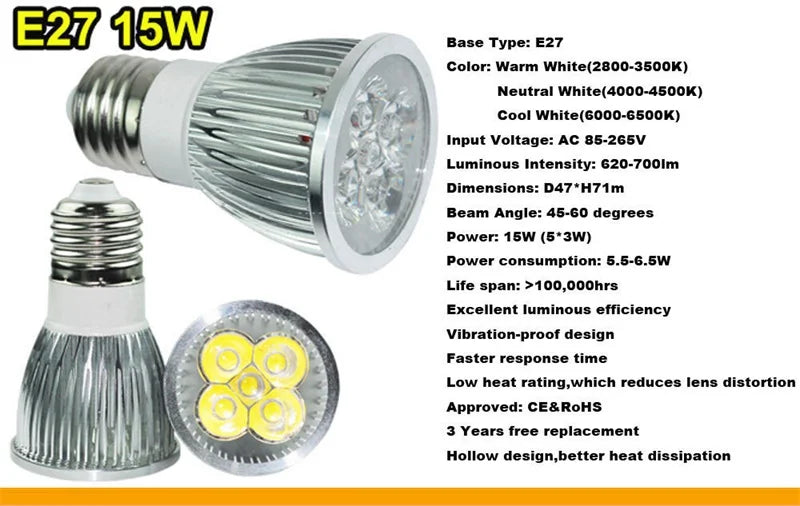 High Brightness LED Spotlight Bulb - E27 E14 GU10 MR16 Base (9W 12W 15W)