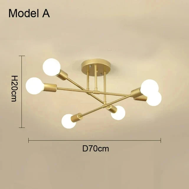Modern Sputnik Chandelier Nordic Semi Flush Mount Ceiling Lamp Brushed Antique Gold Home Decor Lighting Fixture