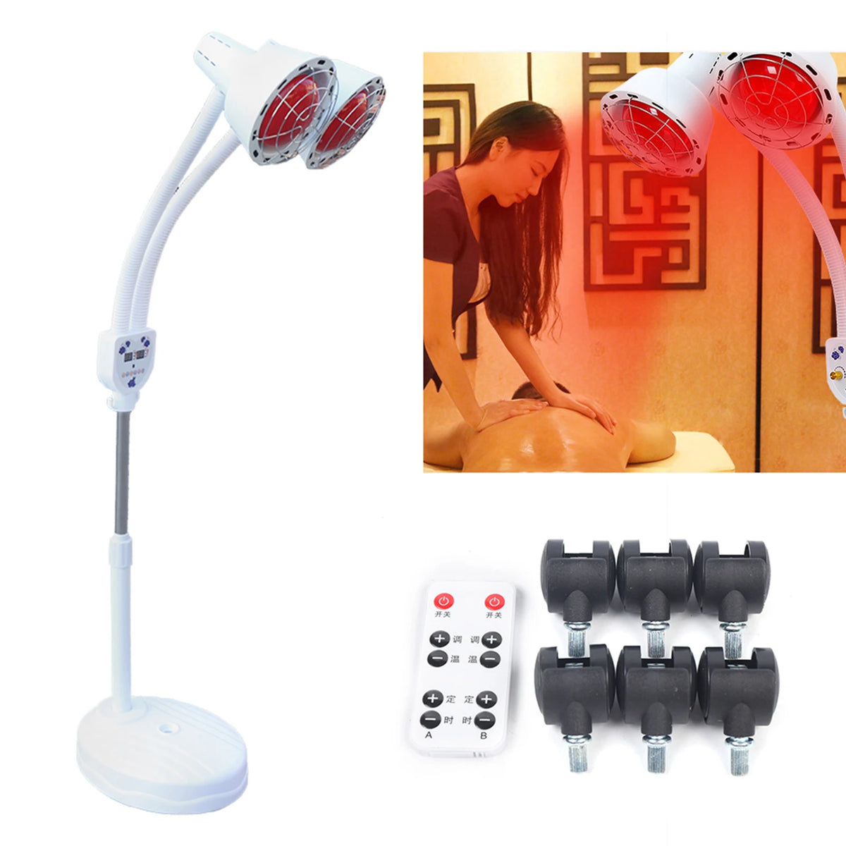 Red Light Therapy LED Electric Infrared Baking Lamp 275W Double-head 360° Adjustable Temperature Heat Lamp Remote Control With Rotating Pulley Base