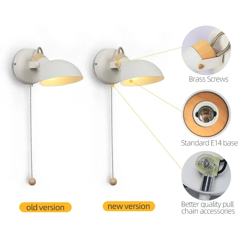 LED Bedside Wall Light with Pull Chain - Replaceable E14 Matte Metal Lamp