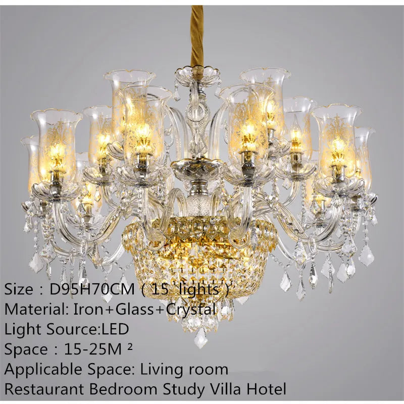 European Luxury Crystal Chandelier LED Living Room Restaurant Bedroom Villa  Hotel Duplex Building Candle Pendent Lamp