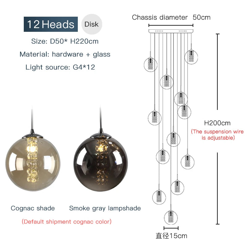 2026 New Modern Glass Ball Chandelier Lustre Living Room Staircase Light Spiral Light G4 Led Hotel Chandelier Villa Lighting