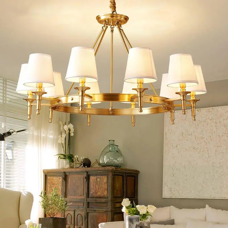 Rural LED ring Copper Ceiling Chandelier retro Fabric lamp Living Room Bedroom Home Decor Hanging Lamp American dining light