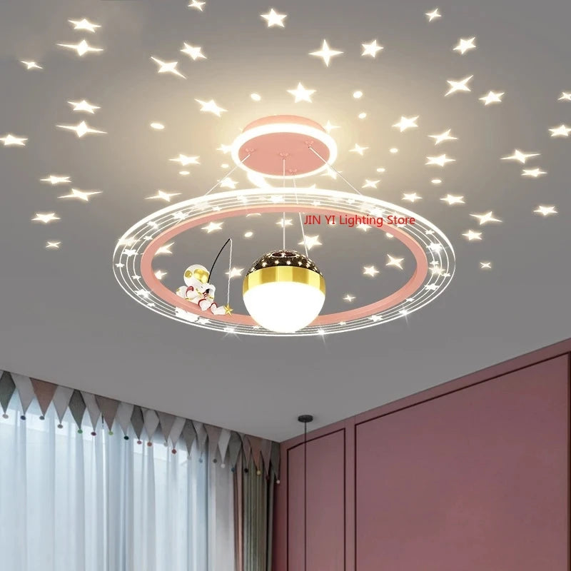 Children's Room Light Creative Space Astronaut Room Pendant Light Cartoon Starry Sky Eye Protection Light Dimmable with Remote
