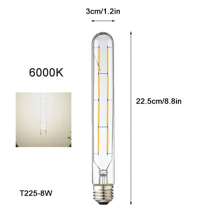 Vintage Tubular LED Filament Light Bulb - T10 T30 Long Tube 4W 6W 8W Edison Lamp