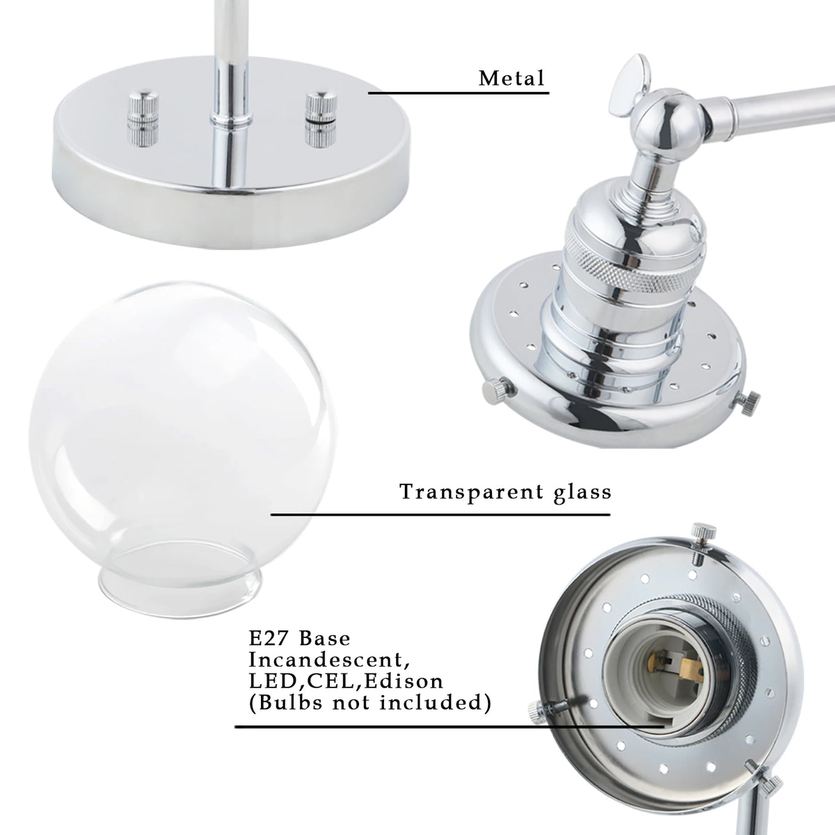  Vintage Industrial Wall Sconce Lighting Fixture with Mini 5.9&quot; Round Clear Glass Globe Hand Blown Shade