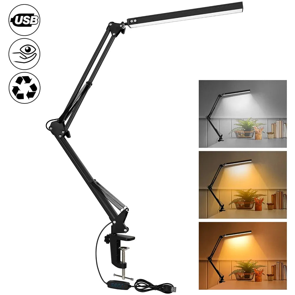 LED Desk Lamp with Clamp 10W Swing Arm Desk Lamp Eye-Caring Dimmable Desk Light with 10 Brightness Level, 3 Lighting Modes