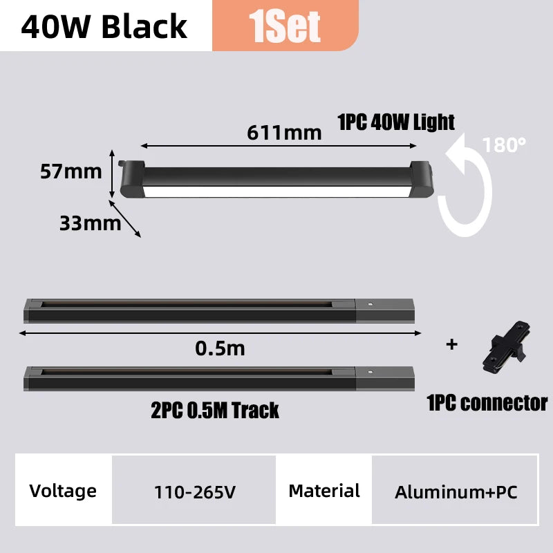 112CM LED Track Light Rail Set (40W/80W) - AC 85-264V Floodlight Spotlight Ceiling Lamp for Clothing Store & Living Room