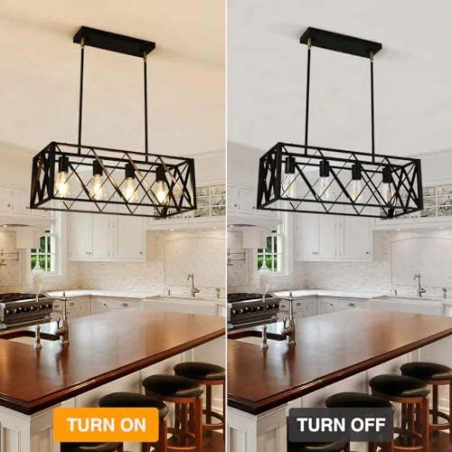 Black Farmhouse Chandeliers for Dining Room Light Fixture Rectangle Kitchen Island Pendant Lighting 4-Light Metal Industrial Li
