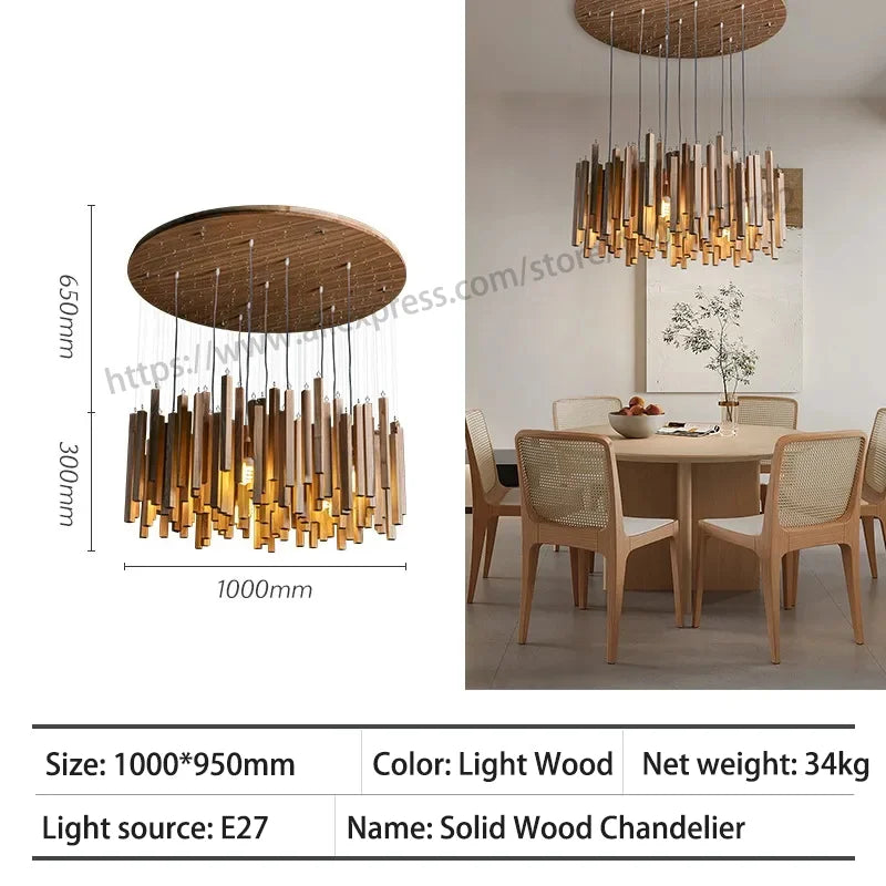Retro Wooden Hanging Chandelier Light Dining Table Solid Wood Led Pendant Lamp Living Room Kitchen Chandelier Lighting Fixture