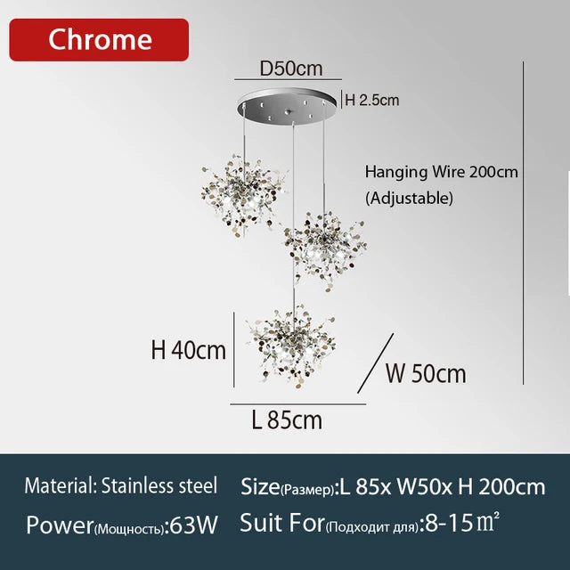 Nordic LED Chandelier Stainless Steel Chrome Leaf Personality Art Decors Living Dining Room Bar Table Hanging Lighting