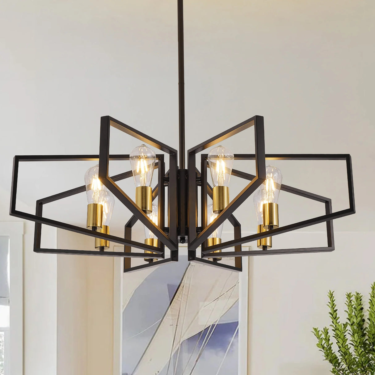 Modern 8-Light Geometric Chandelier - Black & Gold Metal Pendant Light