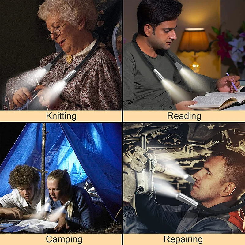 LED Neck Reading Light Flexible Handsfree Lamp Portable USB Rechargeable Book Light Knitting Camping Repairing Running Lighting