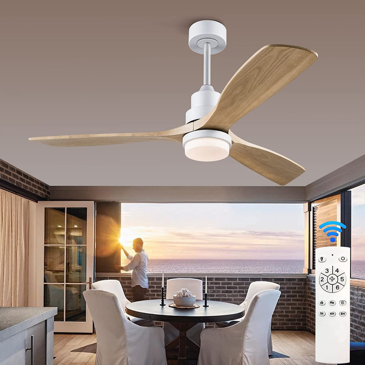Industrial Ceiling Fans with Lights Remote Control Indoor Outdoor Wood Ceiling Fan with 3 Blade for Patio Living Room Bedroom