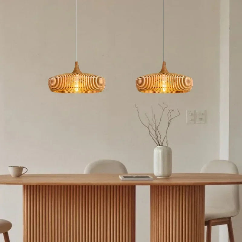 Rustic Wooden Round Pendant Light Chandelier - Modern Farmhouse Ceiling Hanging Lamp Fixture for Dining Table, Living Room & Restaurant Decor