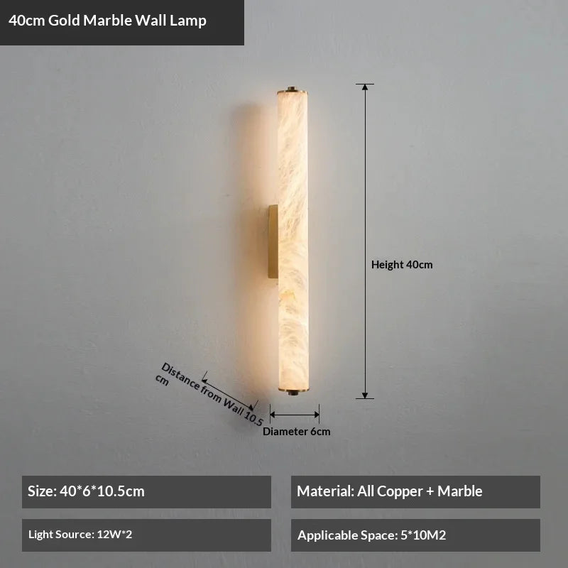 Spanish Natural Marble Wall Sconce Lamp - Cylindrical Up & Down LED Wall Light Fixture for Bathroom, Bedroom, Stairs & Parlor Decor