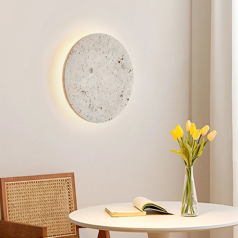 Wabi-Sabi Japanese Style Bedroom Bedside Wall Lamp Retro Homestay Corridor Aisle Porch Round Yellow Travertine Led Lighting