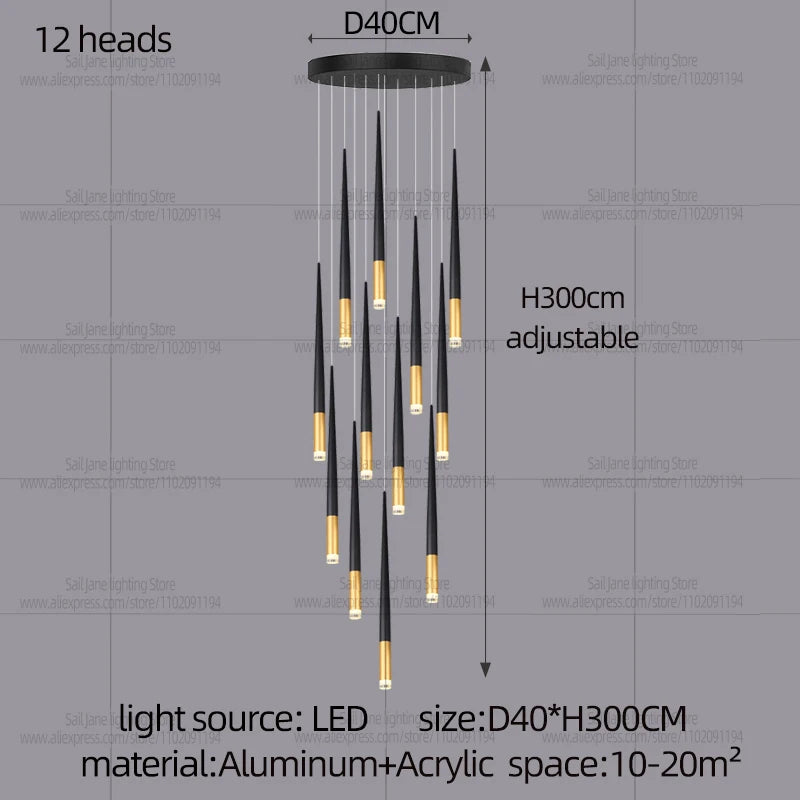 New Luxury Chandelier Nordic Conical Light Modern Living Room Duplex Attic Long Pendant Light Villa Staircase LED Pendant Light