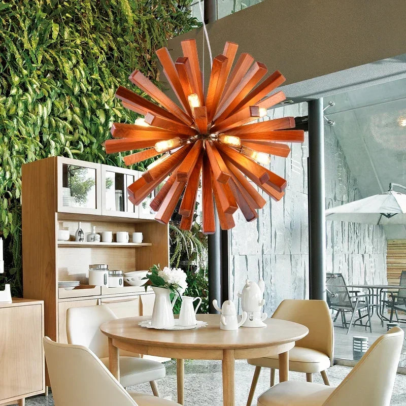 Japanese Wooden Dandelion Wabi-Sabi Pendant Light - Natural Wood Burst Ceiling Chandelier Lamp Fixture for Living Room, Restaurant & Loft Decor