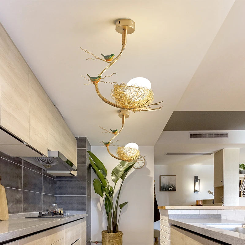 Modern Led Living Dining Room Kitchen Chandeliers Gold Bird Nest Egg Glass Ball Pendant Light Bedroom Loft Ceiling Hanging Lamp