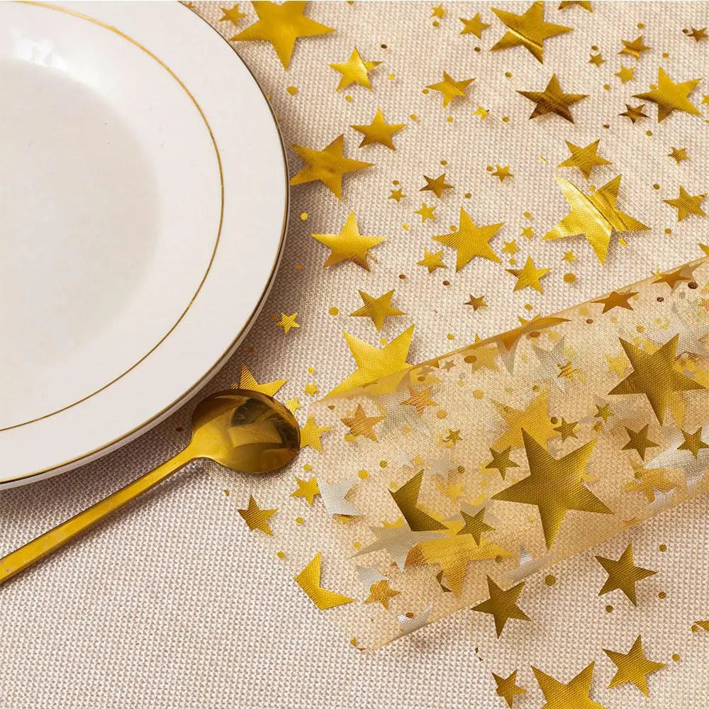 Gold Star Glitter Metallic Table Runner Bling Star Table Cloths Runner Thin Mesh Tabletop Metallic Roll for Home Party Dinner