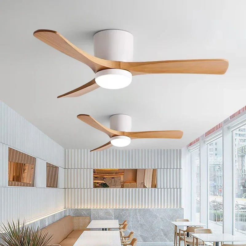 Nordic Style Solid Wood Fan Leaf Ceiling Light, Remote Control, Household Bedroom, Living Room Light, Low Floor Electric Fan