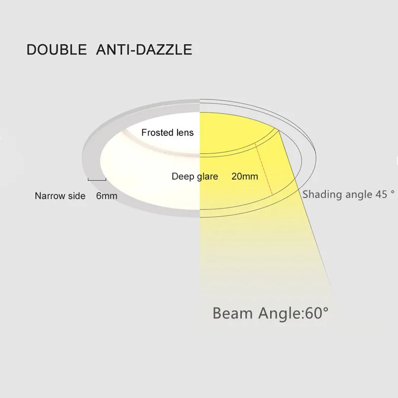 2022 New Style Beam Angle 60 Degree Recessed LED Downlight 24W20W/18W15W/12W9W7W Dimmable Deep Glare LED Ceiling Lamp Spot Light