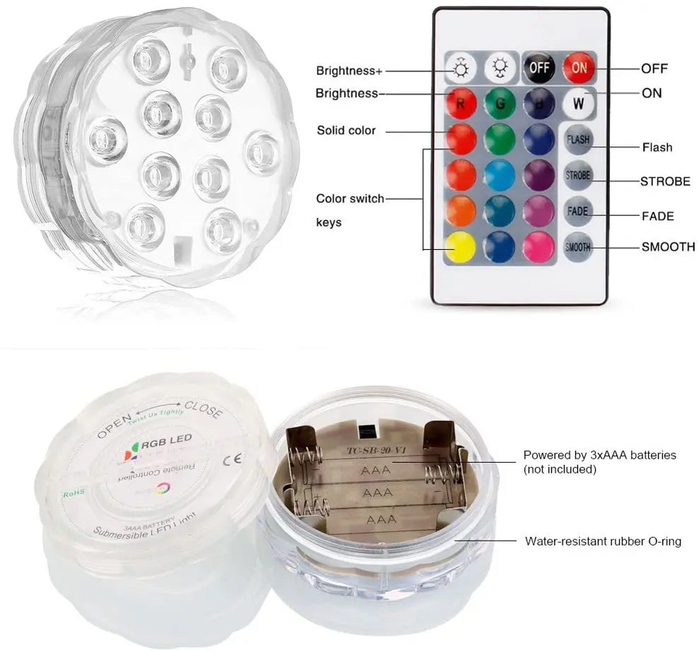 Submersible Waterproof LED Lights with Remote (Battery Operated) - Underwater Accent Lighting for Pool, Pond, Hot Tub, Spa, Fountain & Vases