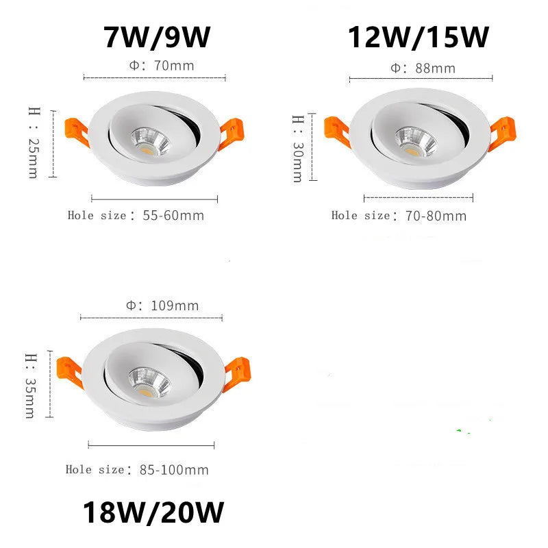 New Style Embedded Dimmable LED Downlights 7W 9W 12W 15W 18W 20W 360° Adjustable COB Ceiling Lamps Spot Lights AC90~260V
