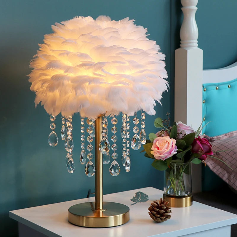 Nordic Feather Crystal Table Lamp Bedroom Ins Girl Warm Bedside Lamp Creative Luxury Romantic Feather Lamp
