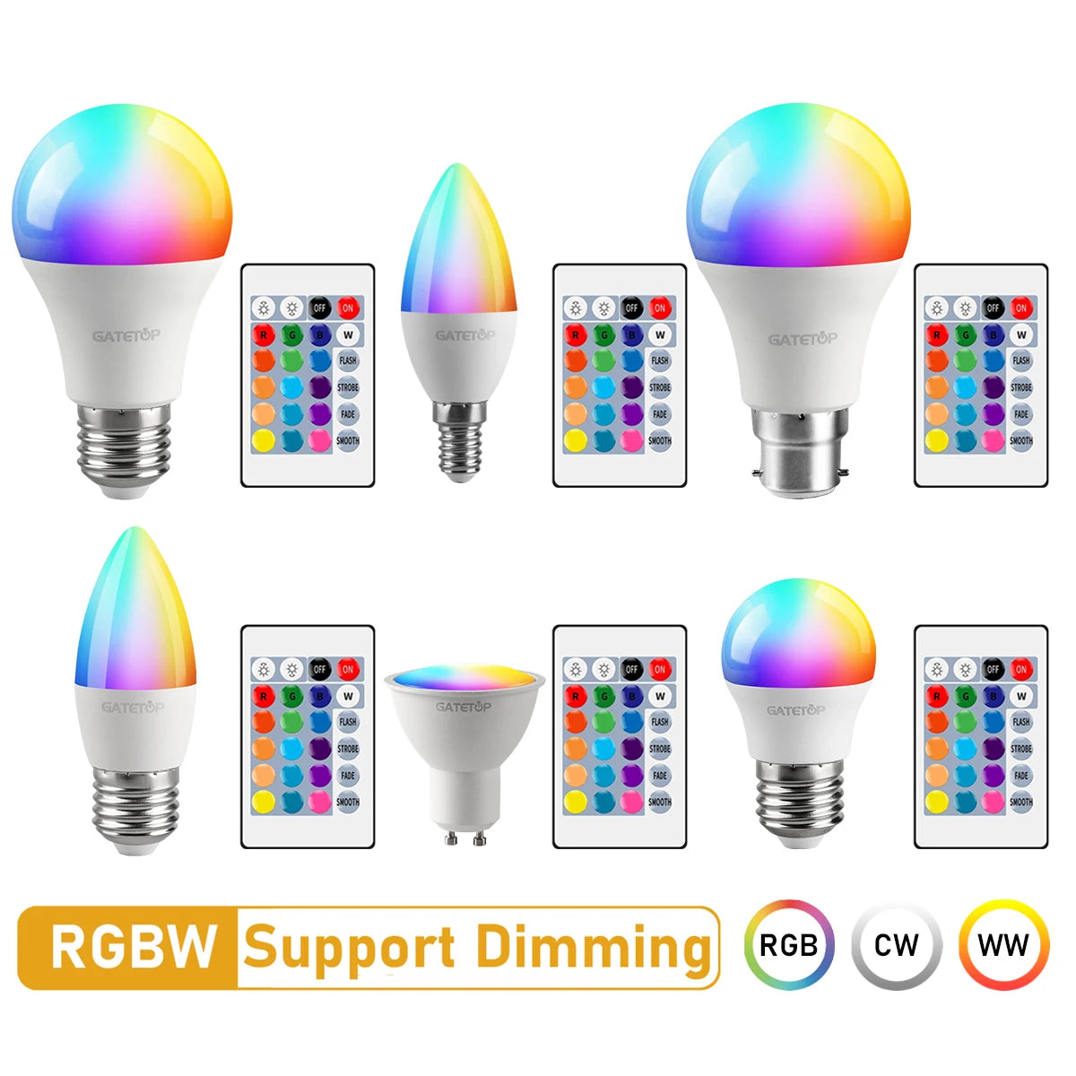 LED RGB Lamp Spotlight Bulb E27 E14 GU10 B22 AC120V 230V Bombillas LED 6W 10W IR Remote Control Led Smart RGBW Lamp Home Decor